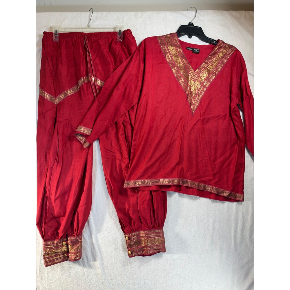 Harsha Red Gold Rayon Tunic Harem Pant Set Medium Bohemian 2 Piece Outfit